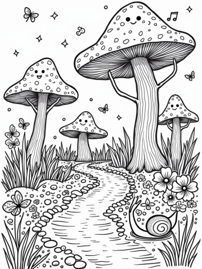 Oversized Mushrooms and Musical Trees in a Colorful Forest