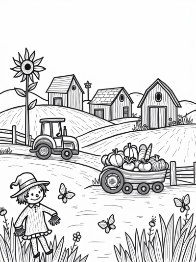 Patchwork Farm with Barns and a Cheerful Tractor
