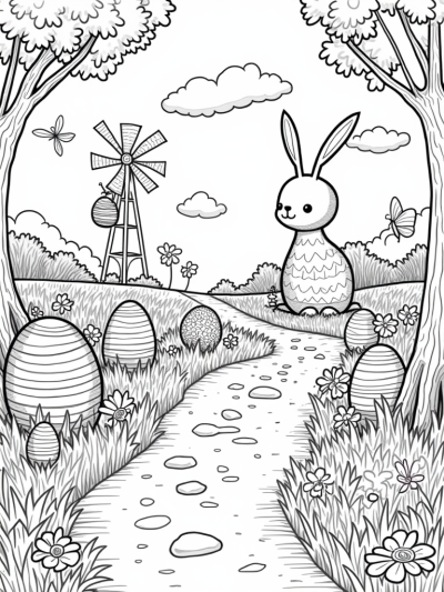 Oversized Easter Eggs and a Smiling Bunny Sculpture