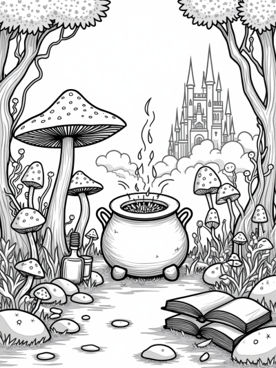 Magical Wizarding Garden with Floating Potions