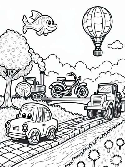 Oversized Vehicles in a Whimsical Landscape
