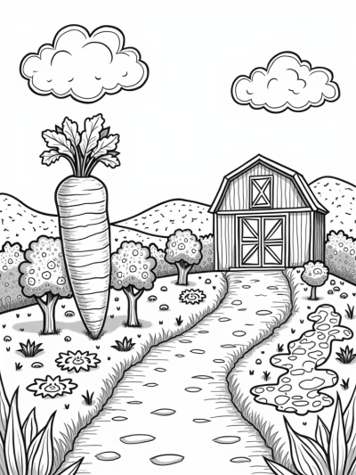 Giant Fruits and Vegetables in a Playful Farm Landscape