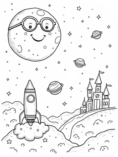 Giant Smiling Moon and Crayon Rocket in a Cosmic Candy Land