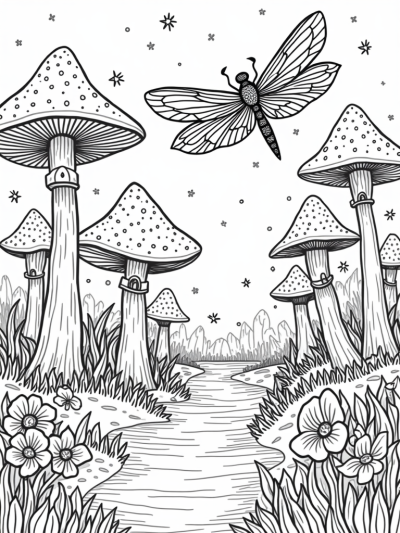 Magical Forest Clearing with Dragonfly and Mushrooms
