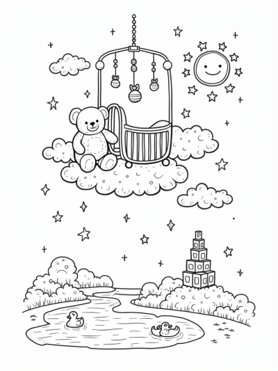 Candy Cane Crib with Teddy Bear and Floating Clouds