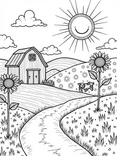 Sunny Farm with Rolling Hills and Cheerful Cows