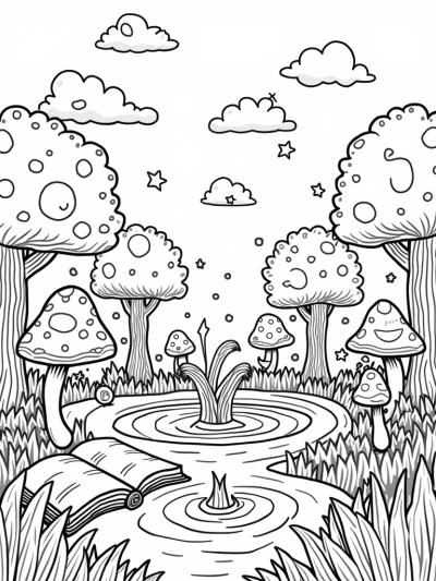 Magical Forest Glade with Smiling Mushrooms and a Dragon Fountain