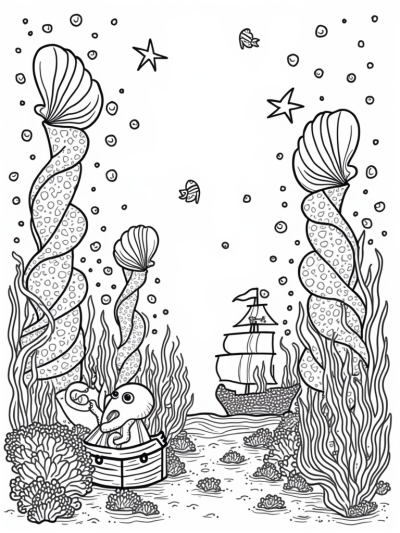 Underwater Garden with Octopus and Treasure Chest