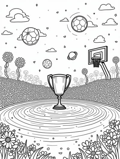 Sports Carnival with Floating Balls and Cheerful Trophy