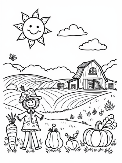 Cheerful Farmyard with a Smiling Sun and Playful Scarecrow