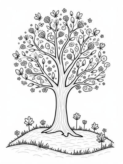 Four Seasons Tree with Blossoms, Leaves, Acorns, and Snowflakes