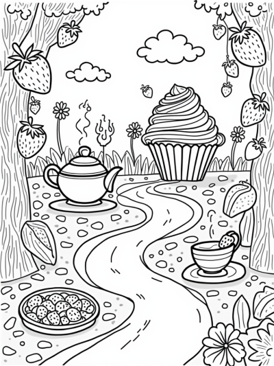 Giant Cupcake and Friendly Teapot in a Fruit Garden
