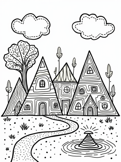 Colorful Triangle Village with Cozy Homes and a Fountain