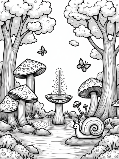 Magical Forest Clearing with Oversized Mushrooms and a Sparkling Fountain