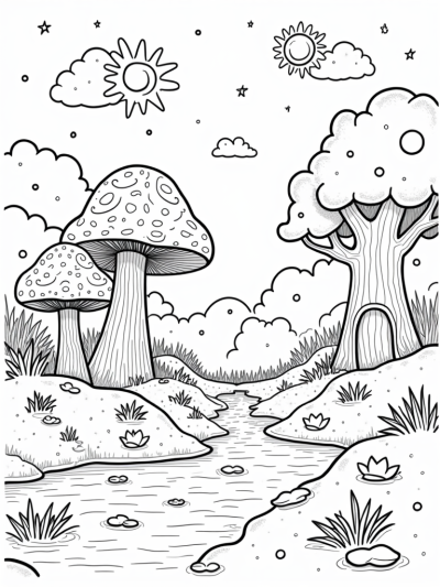 Magical Forest Glade with Umbrella Mushrooms