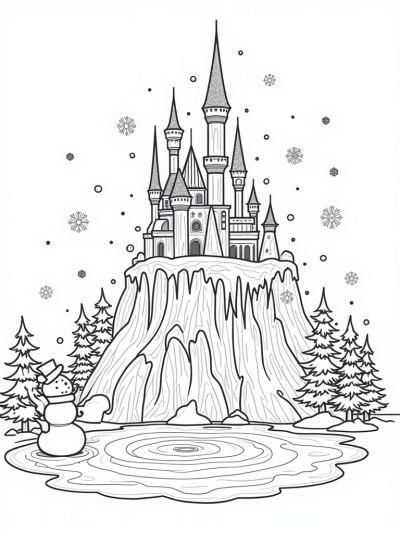 Majestic Ice Castle with a Playful Snowman