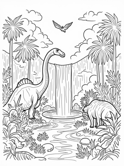 Brontosaurus by the Waterfall in a Prehistoric Jungle