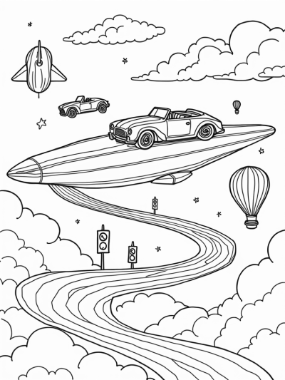 Floating City with Vintage Cars and Airships