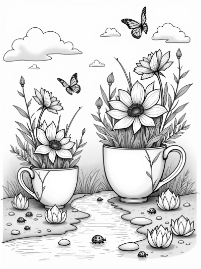 Giant Blossoms in Teacups Garden