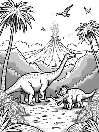 Prehistoric Jungle with Brontosaurus and Triceratops