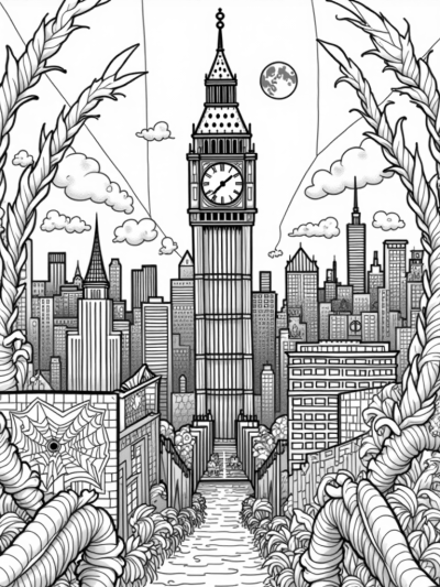 Cityscape Spider Web with Clock Tower