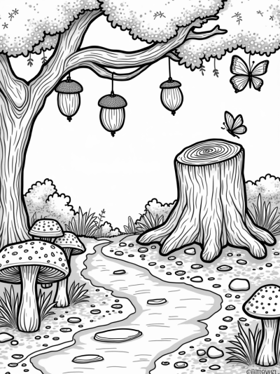 Mossy Woodland Glade with Giant Acorns and Smiling Tree Stump
