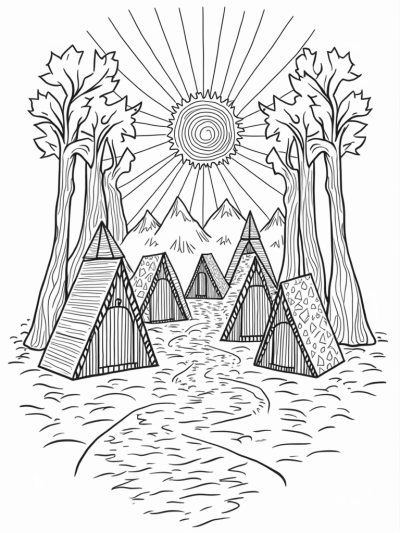 Triangular Forest with Huts and Mountains