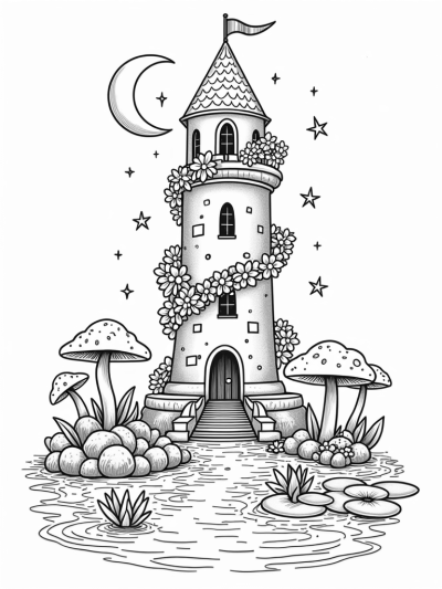 Grand Castle Tower with Jewel Bridge and Shimmering Pond
