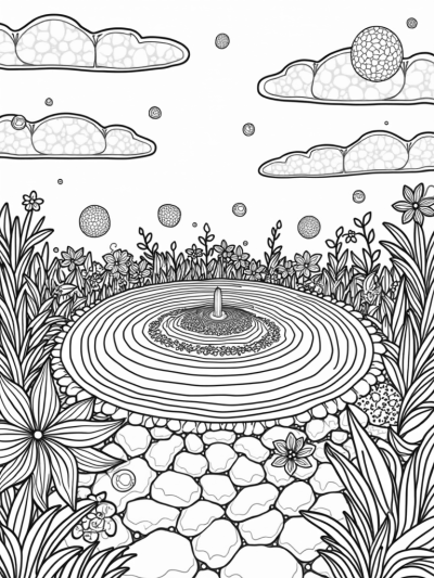 Colorful Circular Garden with Mandala and Fountain
