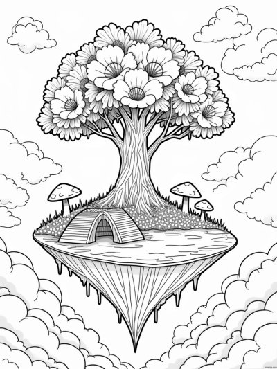Floating Island with Giant Tree and Sparkling Waterfall