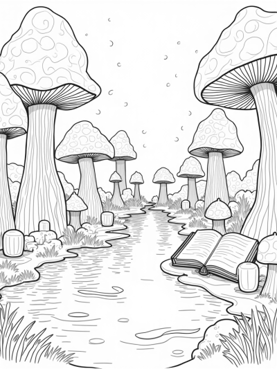 Enchanted Forest with Towering Mushrooms and a Magical Spellbook