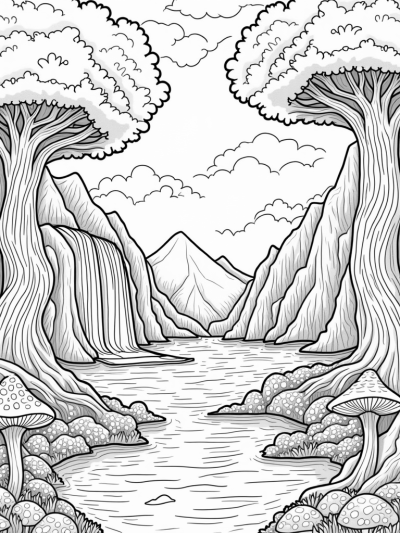 Serene Valley with Spiraling Trees and Waterfalls