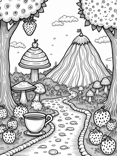Oversized Fruits and Cupcake Mountain in a Whimsical Garden