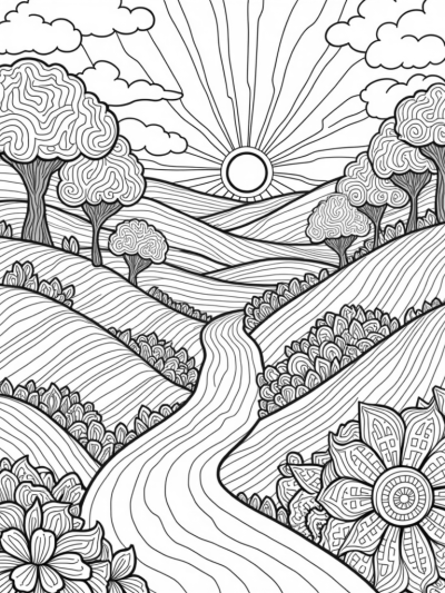 Vibrant Dreamlike Landscape with Spiraled Trees and Mandala River