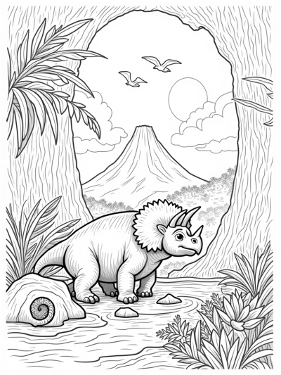 Triceratops Under the Waterfall in an Ancient Jungle