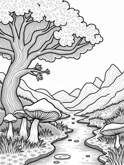 Whimsical Tree with Butterfly Leaves and Mushroom Wonderland