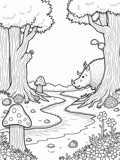Whimsical Forest Clearing with Gruffalo and Mushrooms