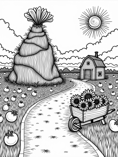 Patchwork Farm with Giant Vegetables and Sunflowers