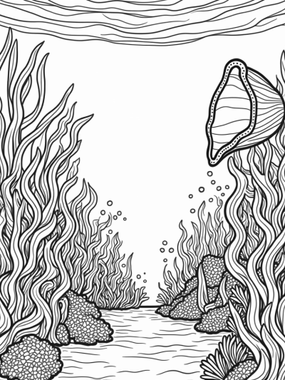 Underwater Garden with Giant Conch Shell and Geometric Fish