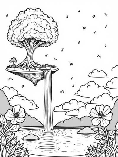 Floating Island with Rainbow Waterfall and Musical Tree