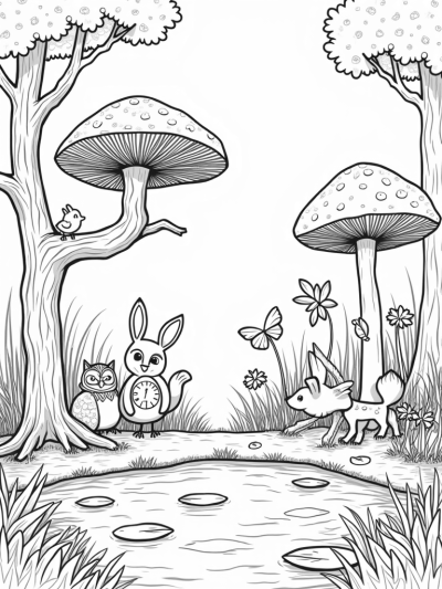 Forest Gathering with Animals and Oversized Mushrooms