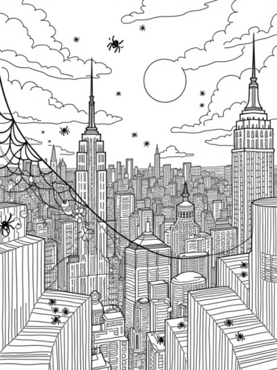 Twilight Cityscape with Spider Web and Comic Panels