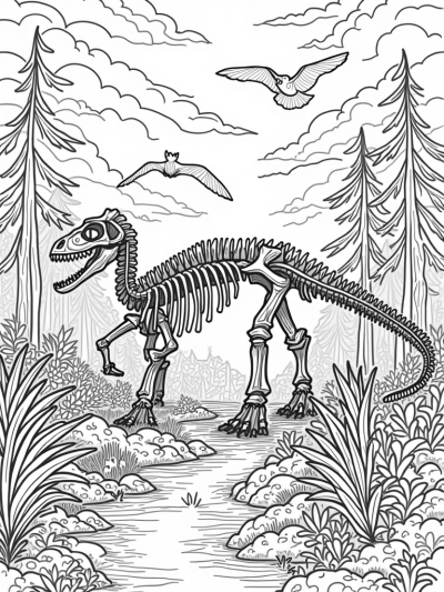 Prehistoric Jungle with Dinosaur Skeleton and Colorful Eggs