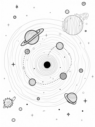 Swirling Galaxy with Geometric Planets and a Comet
