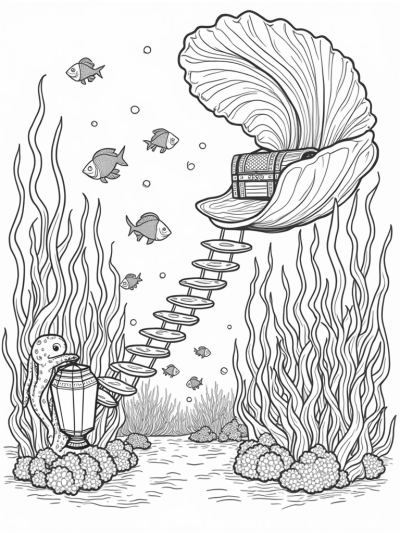 Underwater Garden with Giant Seashell and Playful Octopus