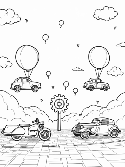 Floating Vintage Cars with Balloons and Rainbow Road