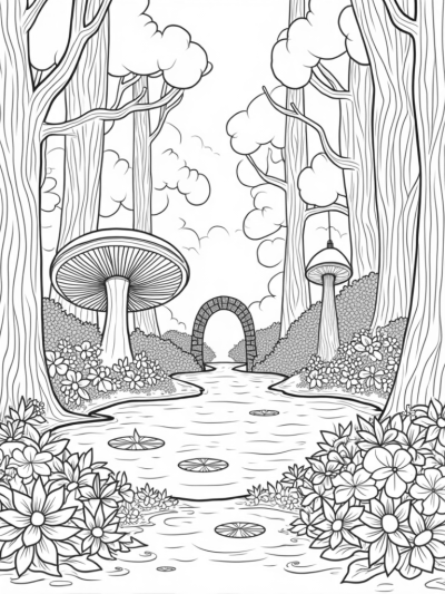 Tranquil Forest Glade with Giant Mushroom and Pond