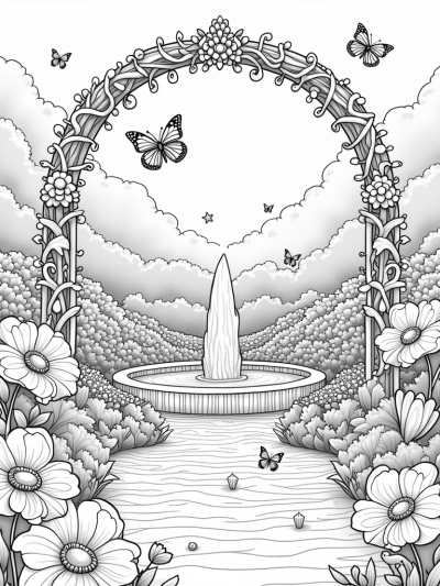 Enchanted Garden with Crown Flowers and Heart Fountain