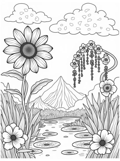 Giant Flowers and a Serene Pond