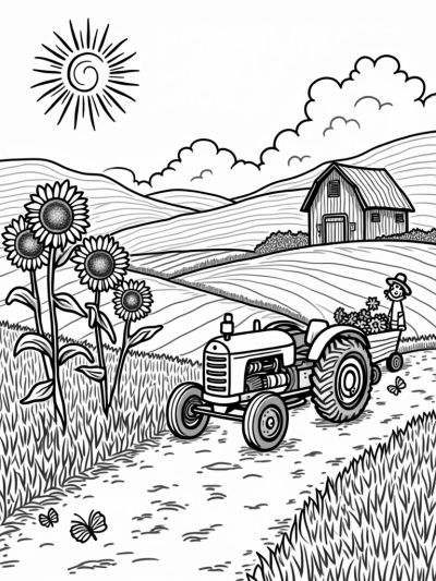 Patchwork Farm with Sunflowers and a Vintage Tractor